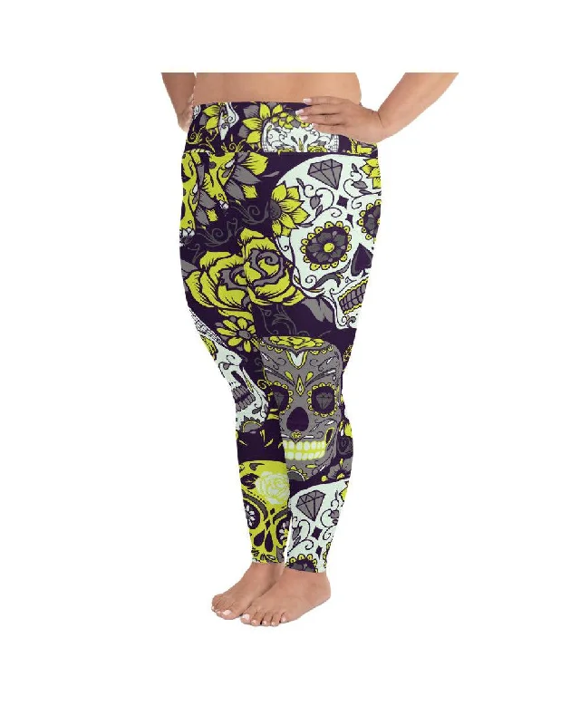 Flexible Yoga Pants for Active Women -Sassy Yellow Sugar Skull Plus Size Leggings