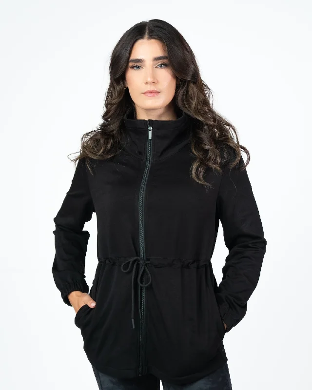 Yoga Tops with Built-In Support -Soft Scuba Cinch Jacket - Black
