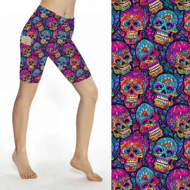 Yoga Shorts for Women’s Active Poses -Sculpt Yoga Biker Shorts - Colourful Skulls