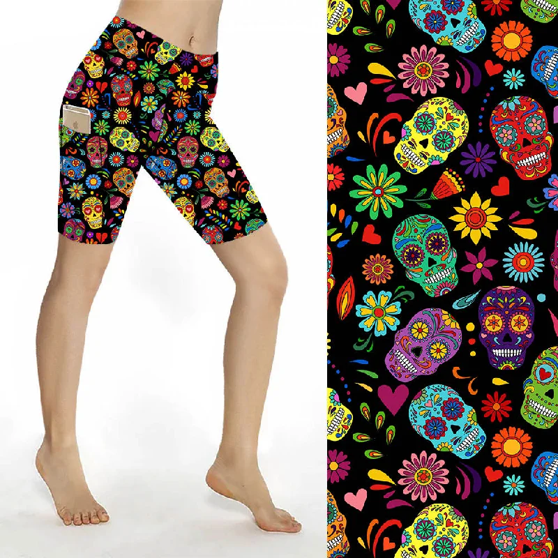 Yoga Shorts for Flexibility and Comfort Training -Sculpt Yoga Biker Shorts - Mexican Skulls Yoga Shorts for Flexibility and Comfort Training -Sculpt Yoga Biker Shorts - Mexican Skulls