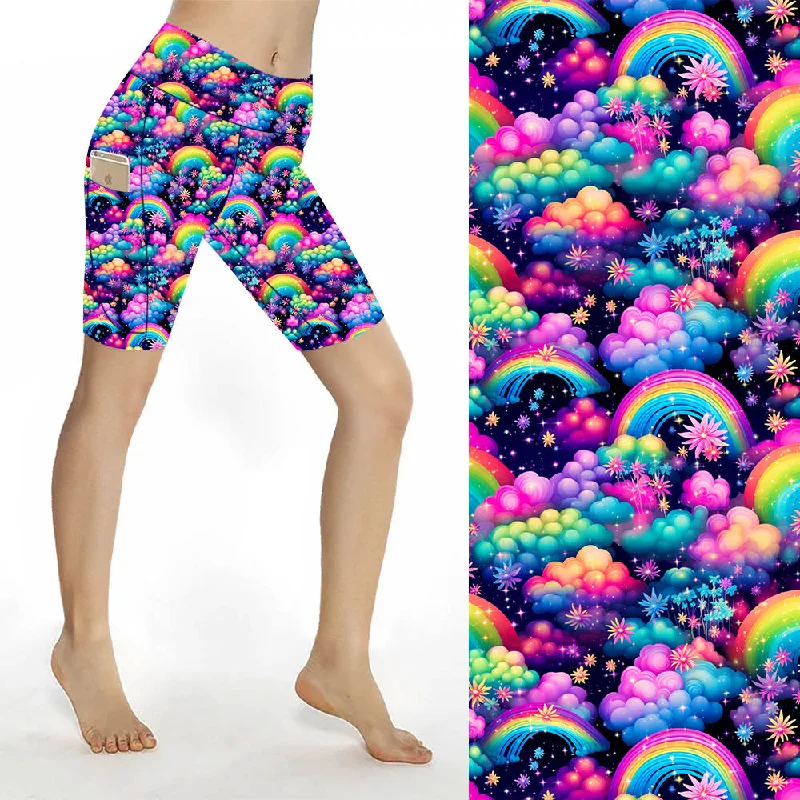 Yoga Shorts for Relaxing Yoga Practice -Sculpt Yoga Biker Shorts - Rainbow Clouds