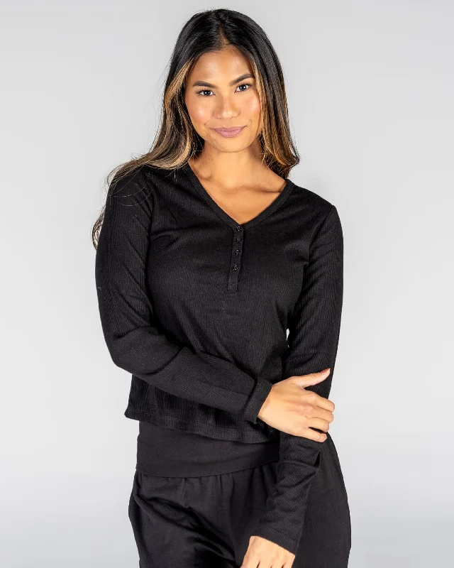 Relaxed Fit Yoga Tops -Serenity Long Sleeve Henley - Black - Final Sale