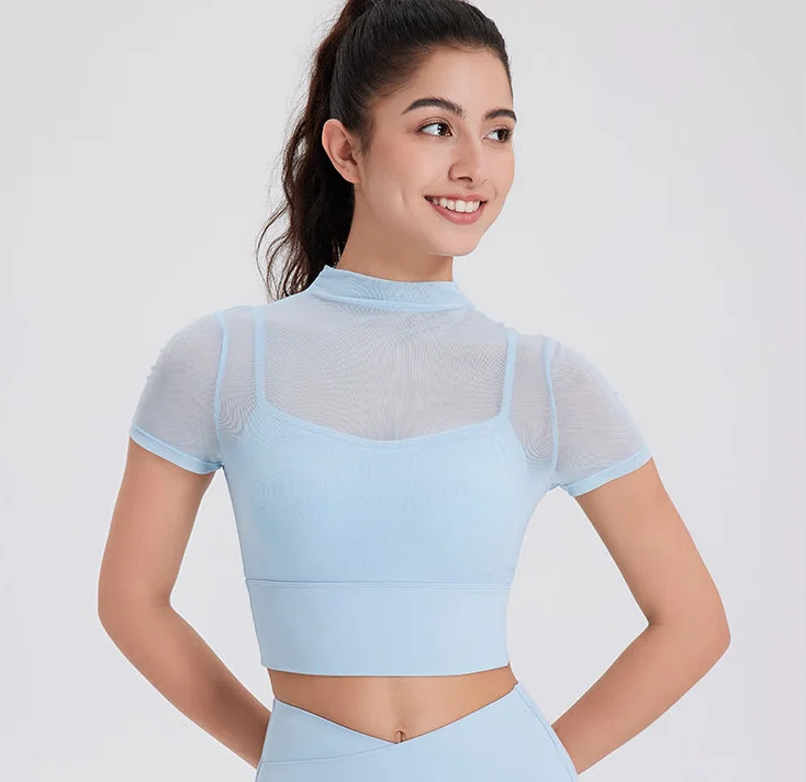 Yoga Tops for Relaxing Flexibility -Sexy mesh yoga dress Short sleeve running quick-drying sports bra with breast pad