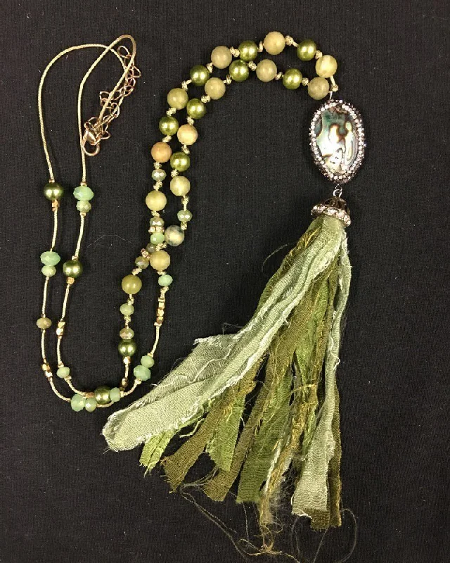 Yoga Shorts for Athletes -Shabby Chic Abalone Fabric Tassel Necklace