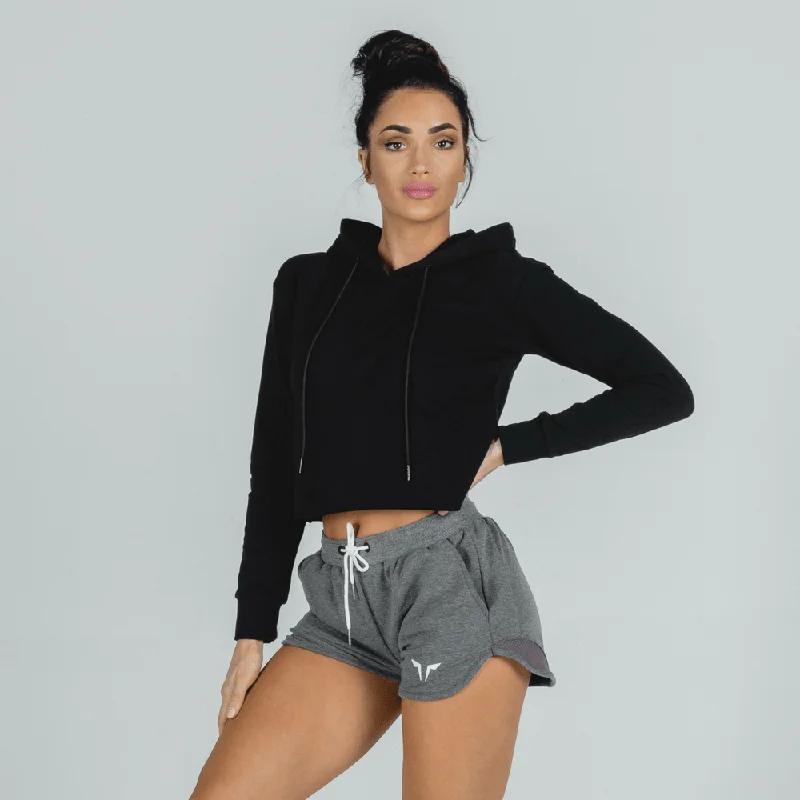 Yoga Tops for Core Fitness Training -She-Wolf Crop Hoodie - Black