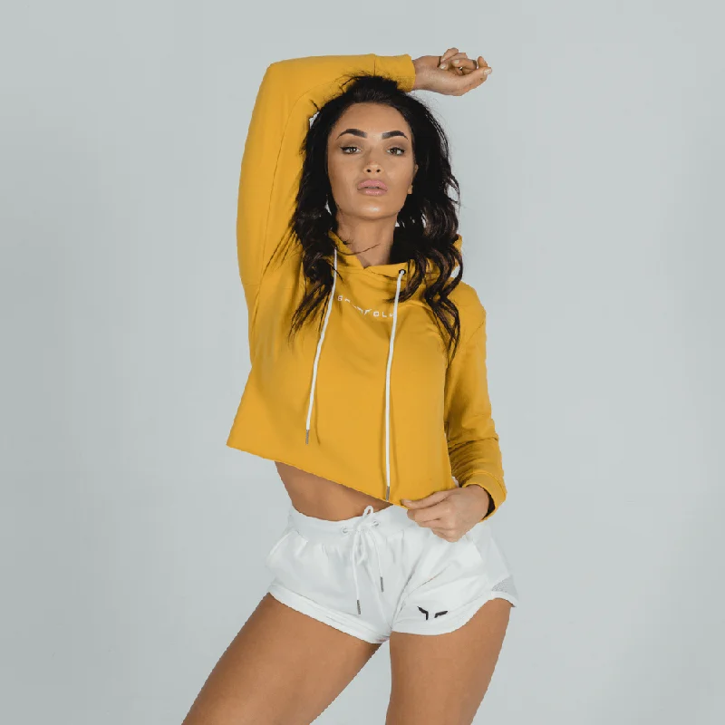 Yoga Tops with Lightweight Design -She-Wolf Crop Hoodie - Mustard