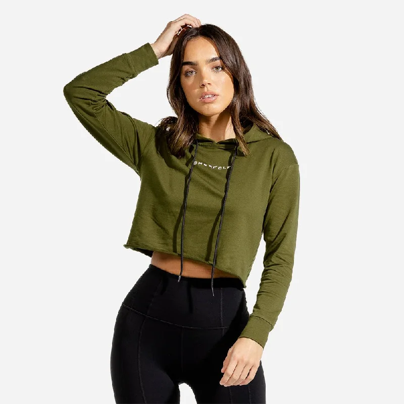 Yoga Tops for Body Movement -She-Wolf Crop Hoodie - Olive