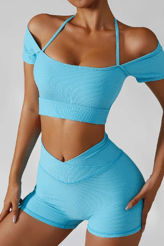 Yoga Bar Protein Bars -Ribbed Short Sleeve Tops Built-in Bra