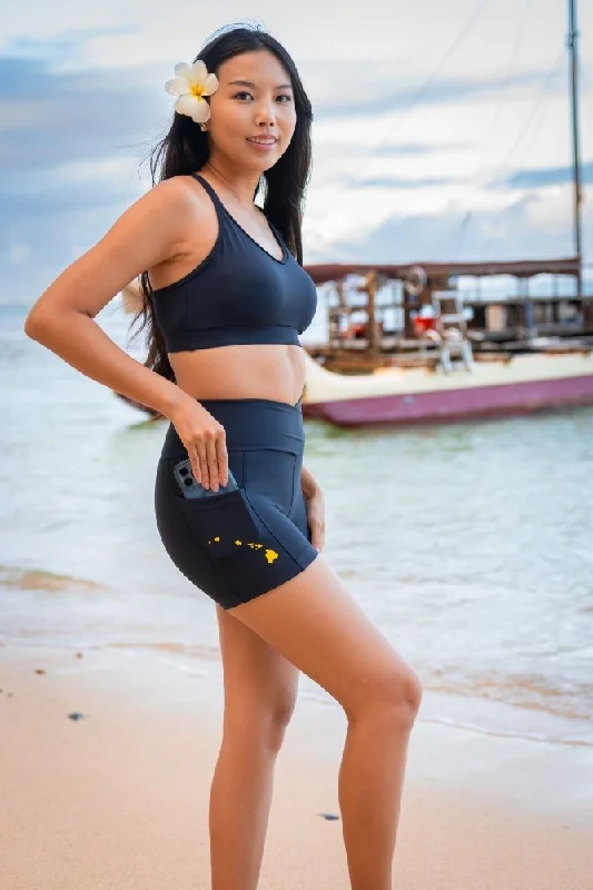 Yoga Shorts for Women's Fitness -LEVITATE Shorties with Pockets - SOLID BLACK (with Hawaiian Islands) Yoga Shorts for Women's Fitness -LEVITATE Shorties with Pockets - SOLID BLACK (with Hawaiian Islands)