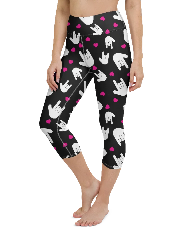High-Waisted Yoga Pants for Strength Training -Sign Language I Love You Yoga Capris