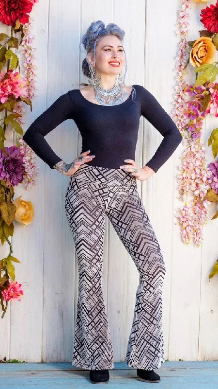 Yoga Pants for Poses and Flexibility -Silver Chevron Burnout Velvet Slim Bells