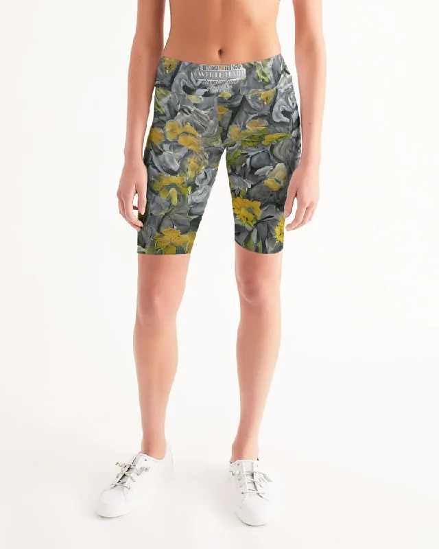 Stylish Women's Yoga Shorts for Fitness -Silver grey abstract flower pattern with brand logo Women's Mid-Rise Bike Shorts Stylish Women's Yoga Shorts for Fitness -Silver grey abstract flower pattern with brand logo Women's Mid-Rise Bike Shorts