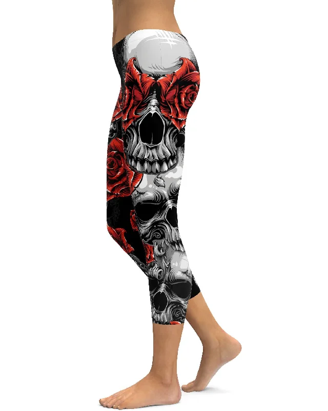 Yoga Pants with High Waist -Skulls and Roses Capris