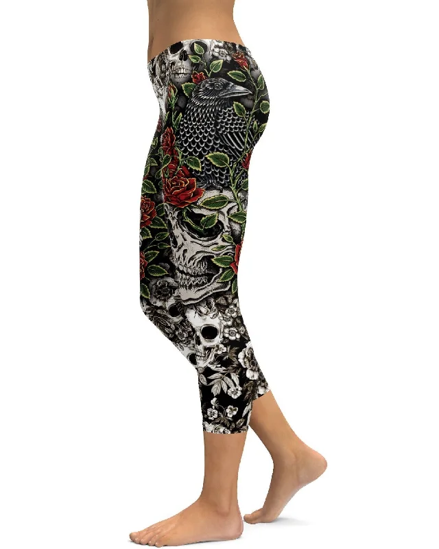 Flexible Fit Yoga Pants for All-Day Wear -Skulls & Roses Capris