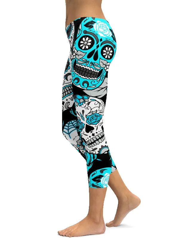 Yoga Pants for Maximum Comfort and Flexibility -Sky Blue Sugar Skull Capris