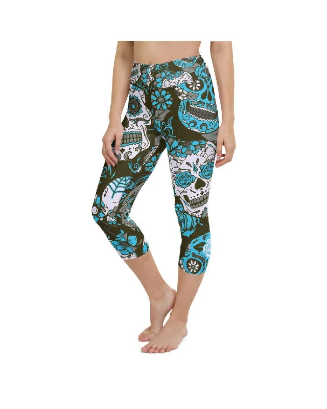 Yoga Pants for Daily Stretching -Sky Blue Sugar Skull Yoga Capris
