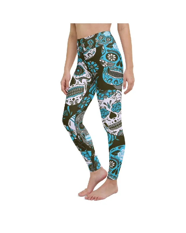 Affordable Yoga Pants for Active Lifestyles -Sky Blue Sugar Skull Yoga Pants