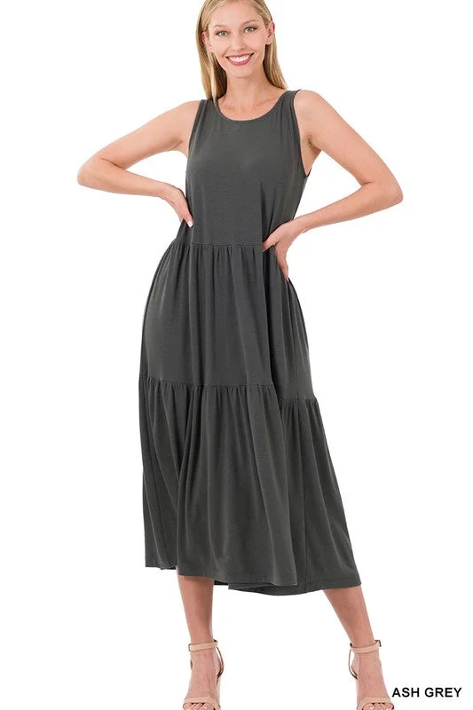 Stylish Yoga Shorts for Deep Flexibility -SLEEVELESS TIERED MIDI DRESS