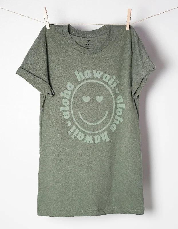 Women's Yoga Tops with Extra Flexibility -Smiley Face Recycled Tee - Military Green