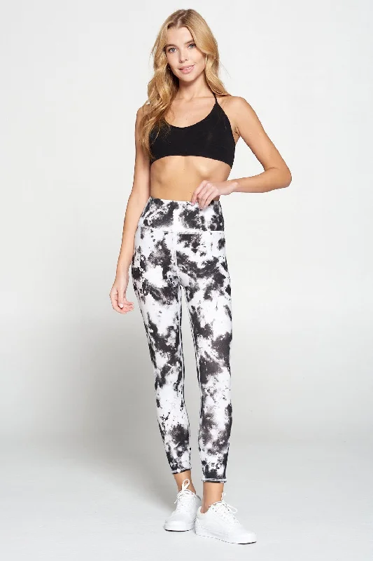 Soft, Stretchable Yoga Pants -Sofia - B/W Silky Tie Dye 7/8 Legging (Regular-Waist) - FINAL SALE