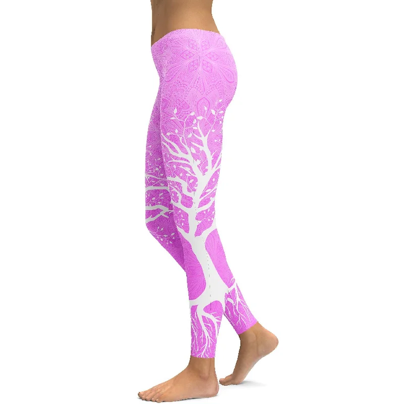 Supportive High-Waisted Yoga Pants -Soft Pink Tree of Life Leggings