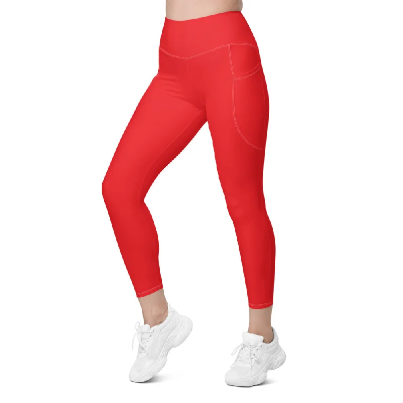 Yoga Pants for Hot Yoga Sessions -Solid Hot Red Leggings with Pockets