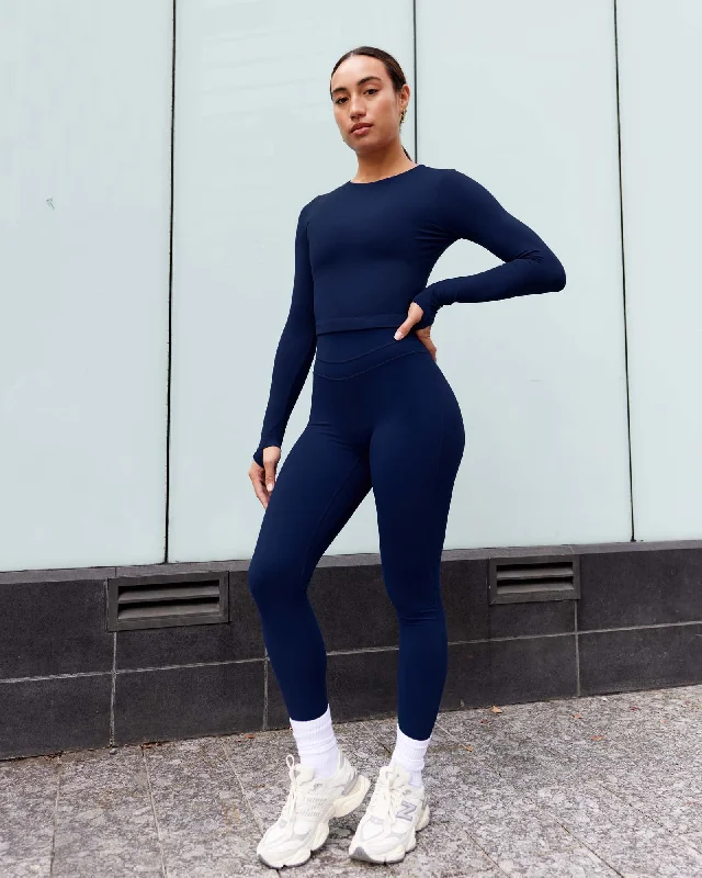 Yoga Tops with Adjustable Straps for Better Fit -Staple LS Cropped Tee - Midnight Blue Yoga Tops with Adjustable Straps for Better Fit -Staple LS Cropped Tee - Midnight Blue