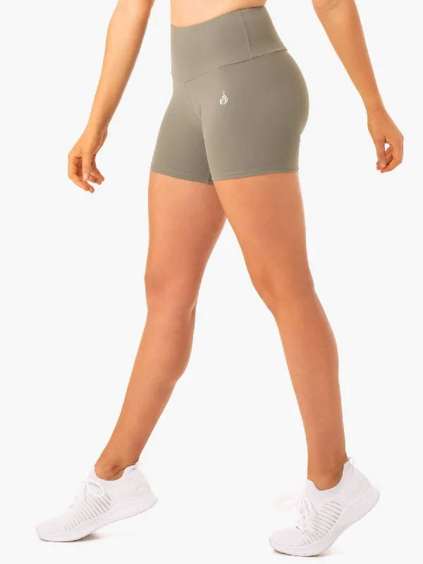 Yoga Shorts for Easy Movement and Flexibility -Staples Scrunch Bum Mid Length Shorts - Khaki Yoga Shorts for Easy Movement and Flexibility -Staples Scrunch Bum Mid Length Shorts - Khaki