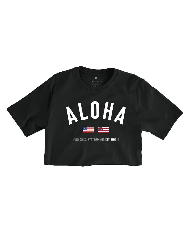Yoga Tops for Easy Movement and Comfort -State of Aloha Crop Tee - Black