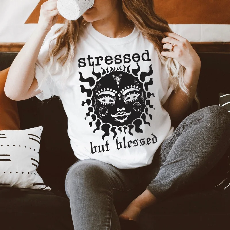 Relaxed Fit Yoga Tops -Stressed • White Tee