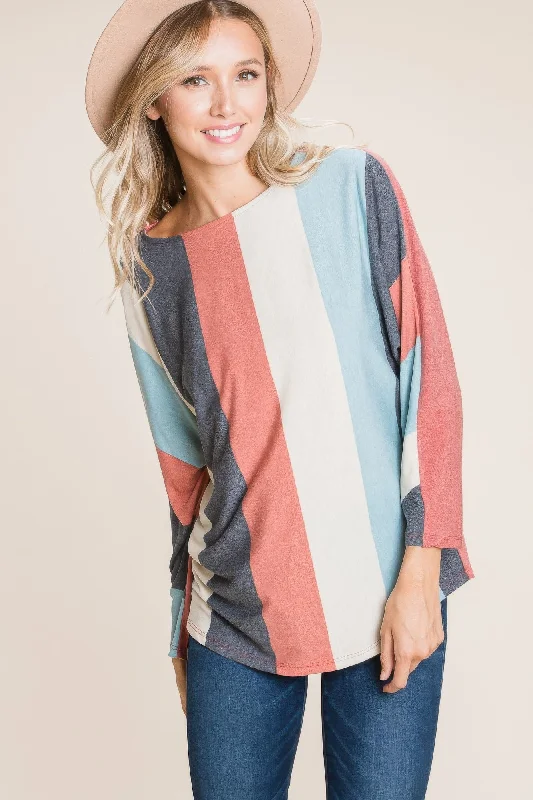 Yoga Tops for Stretching and Flexing -Striped Dolman Sleeves Top