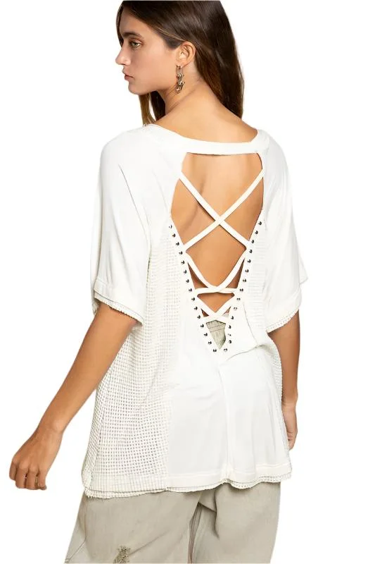 Yoga Shorts for Women with Maximum Comfort -Studded Strappy Back Waffle Mixed Knit Top