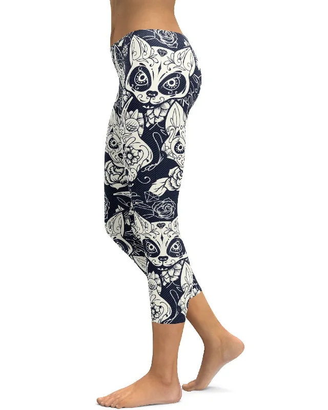 Soft Fit Yoga Pants for Gentle Practice -Sugar Skull Cats Capris