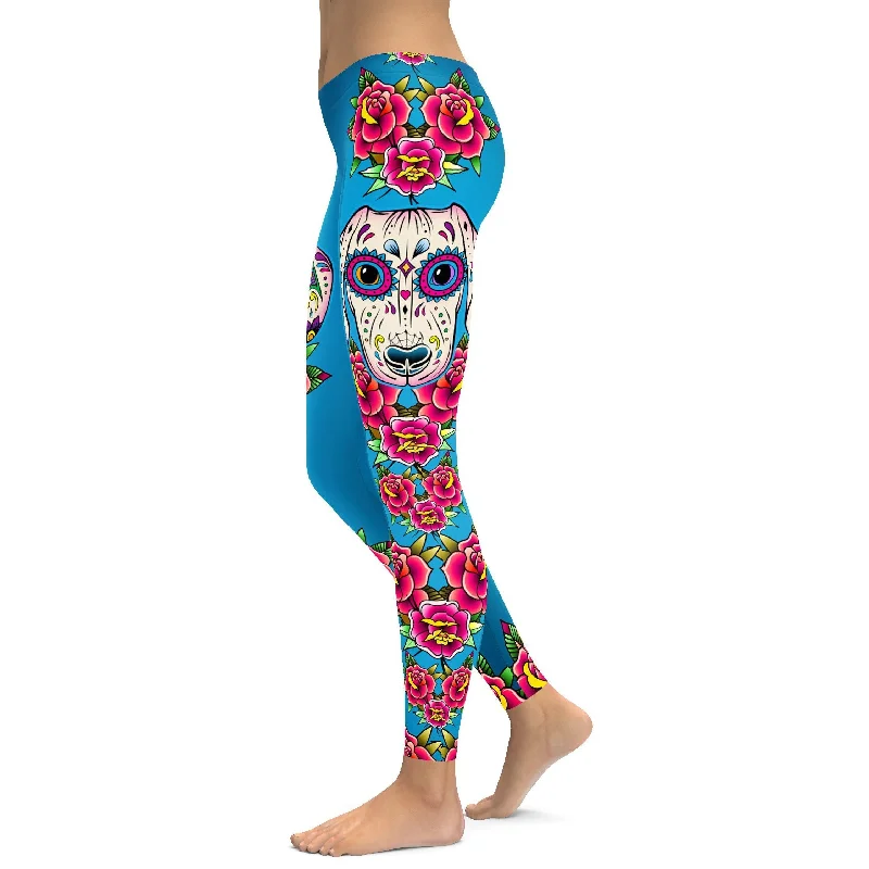 High-Waisted Leggings for Yoga -Sugar Skull Dachshund Leggings