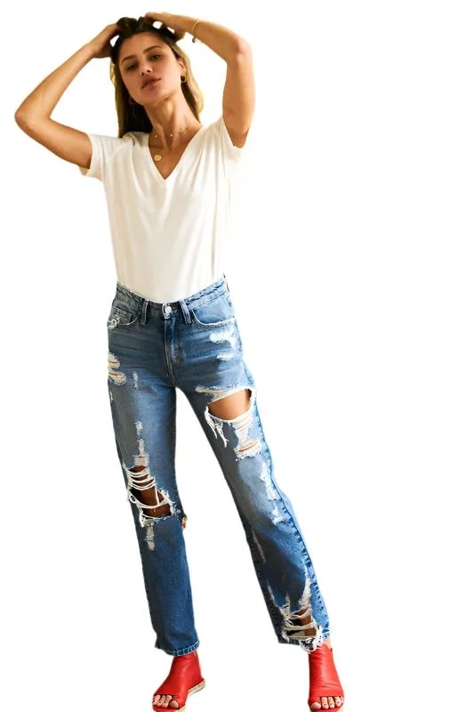 Yoga Shorts with Smooth Fit -Super High Rise Tattered Ankle Straight Jeans by Flying Monkey Yoga Shorts with Smooth Fit -Super High Rise Tattered Ankle Straight Jeans by Flying Monkey