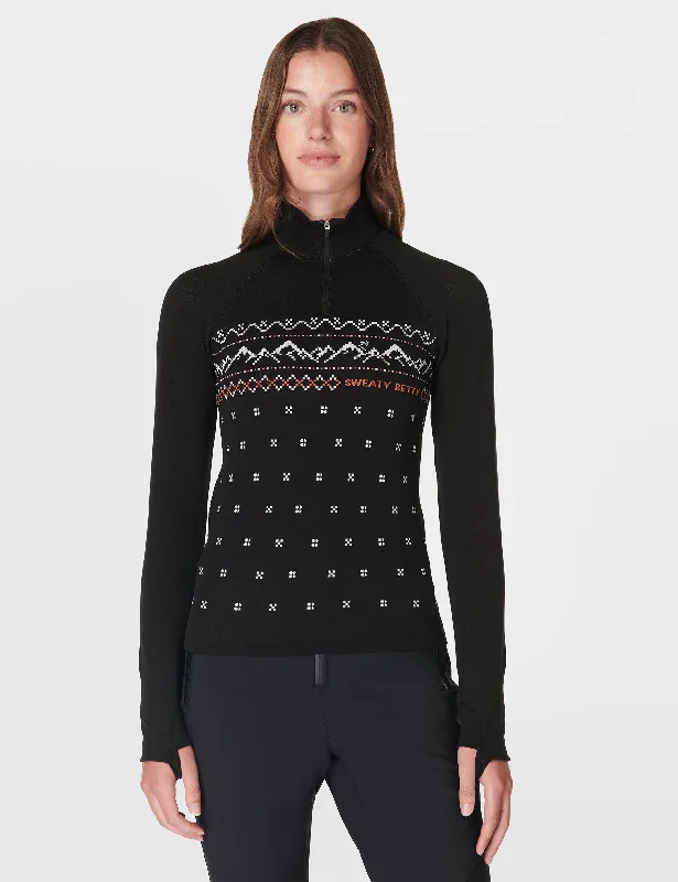 Yoga Tops for Hot Yoga and Intense Sessions -Alpine Betty Half Zip Base Layer Top - Black Alpine Betty Jacquard Yoga Tops for Hot Yoga and Intense Sessions -Alpine Betty Half Zip Base Layer Top - Black Alpine Betty Jacquard