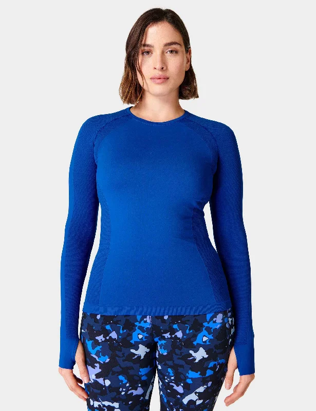 Supportive Yoga Tops for Poses -Athlete Seamless Gym Long Sleeve Top - Lightning Blue Supportive Yoga Tops for Poses -Athlete Seamless Gym Long Sleeve Top - Lightning Blue