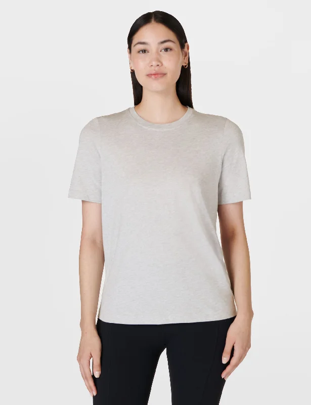 Soft and Stretchable Yoga Tops -Essential Crew Neck T-Shirt - Light Grey Marl