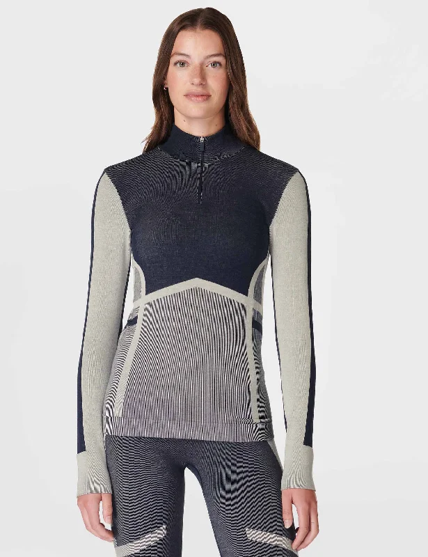 Yoga Tops for Power and Flexibility in Poses -Modal Chevron Half Zip Base Layer Top - Navy Blue Yoga Tops for Power and Flexibility in Poses -Modal Chevron Half Zip Base Layer Top - Navy Blue