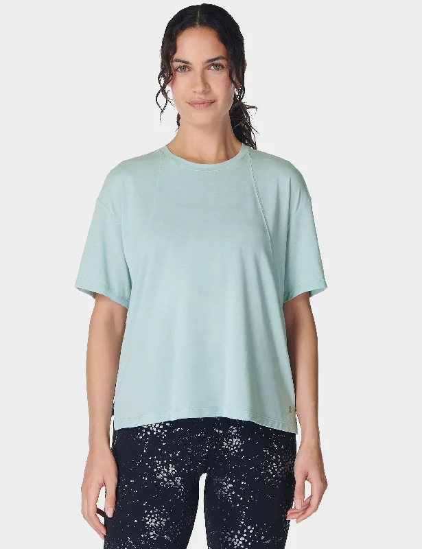 High-Waisted Yoga Tops for Better Coverage -Soft Flow Studio T-Shirt - Muted Teal Blue