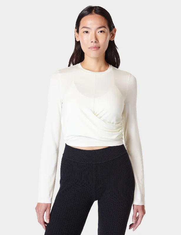 Women's Yoga Tops for Comfortable Movement -Wrap Front Long Sleeve Top - Lily White