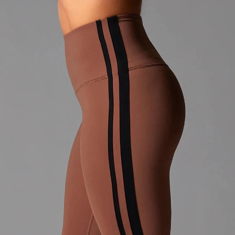 High-Performance Yoga Pants -High Waisted Leggings - Clove Stripe - 7/8 length