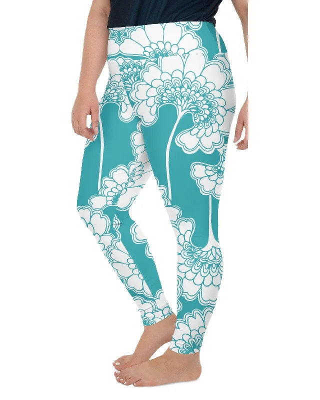 Ultra Stretchable Yoga Pants -Teal Japanese Floral Plus Size Leggings