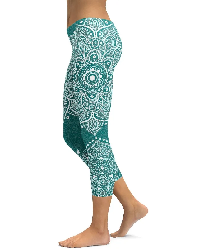 Yoga Pants with Tummy Control -Teal Mandala Capris