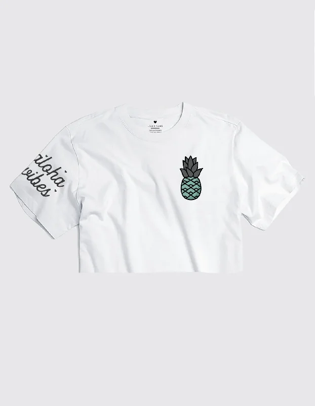 Yoga Tops for Long Poses and Relaxation -Teal Pineapple Logo Crop Tee - White