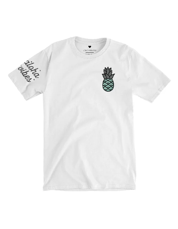 Comfortable Yoga Tops for All Workouts -Teal Pineapple Logo Tee - White