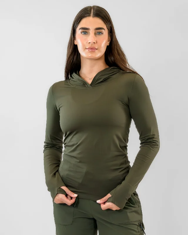 Yoga Tops with Moisture-Wicking Fabric -Tempo Open Back Hoodie - Dark Olive