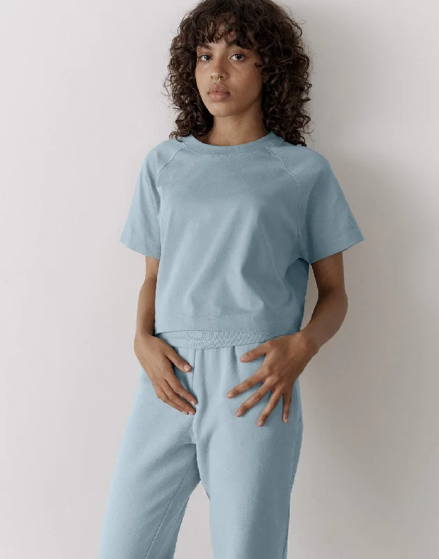 Yoga Tops for Performance and Comfort -The Womens Crop Tee in Chalk Blue