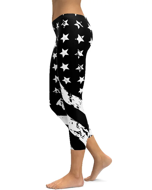 Stretchable Yoga Pants with High Waist -Black & White American Flag Capris