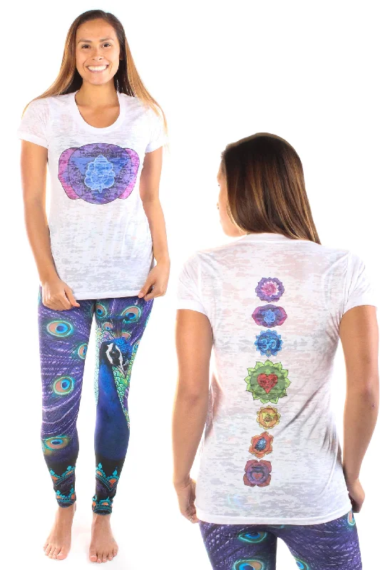 Women's Yoga Tops for Active Training -Third Eye Chakra on front with Full Chakra Back on Boat Neck Burnout Crew Women's Yoga Tops for Active Training -Third Eye Chakra on front with Full Chakra Back on Boat Neck Burnout Crew